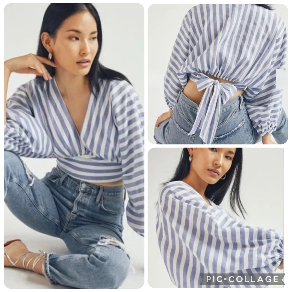 Dolan Anthro Blue White Stripe Tie Back Crop Blouse Balloon Sleeve Petite M